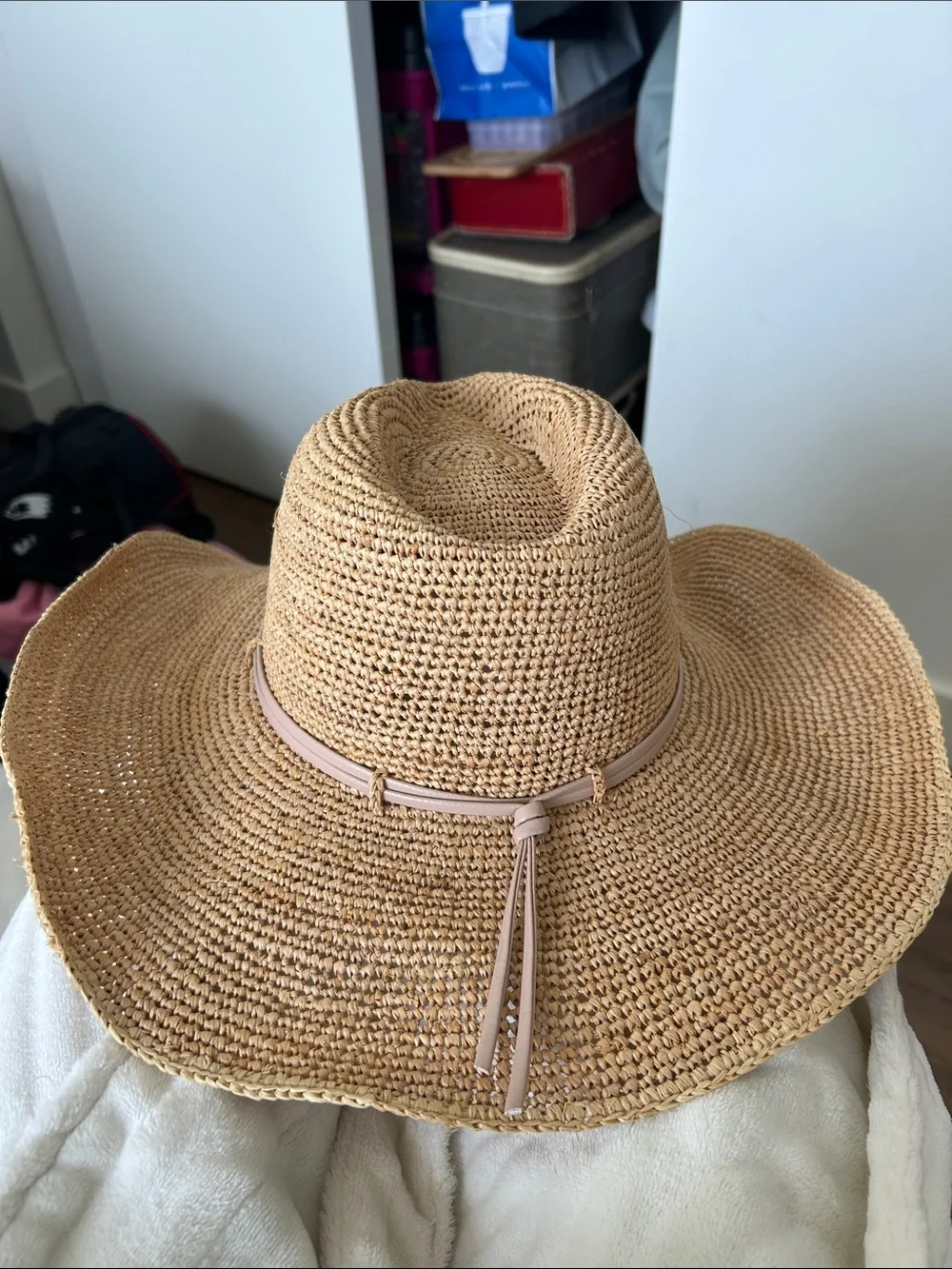 Hat Attack Woven Straw Sun Hat with Pale Pink Band